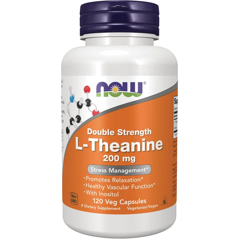 NOW Foods Double Strength L-Theanine 200 mg with Inositol, 120 veg capsules bottle