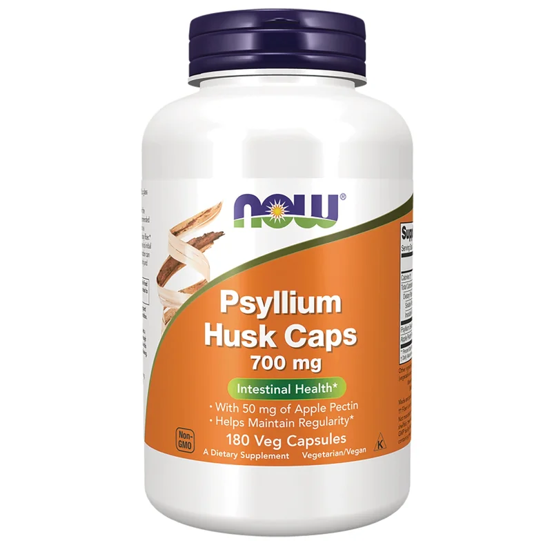 NOW Foods Psyllium Husk Caps 700 mg with Apple Pectin bottle, 180 veg capsules